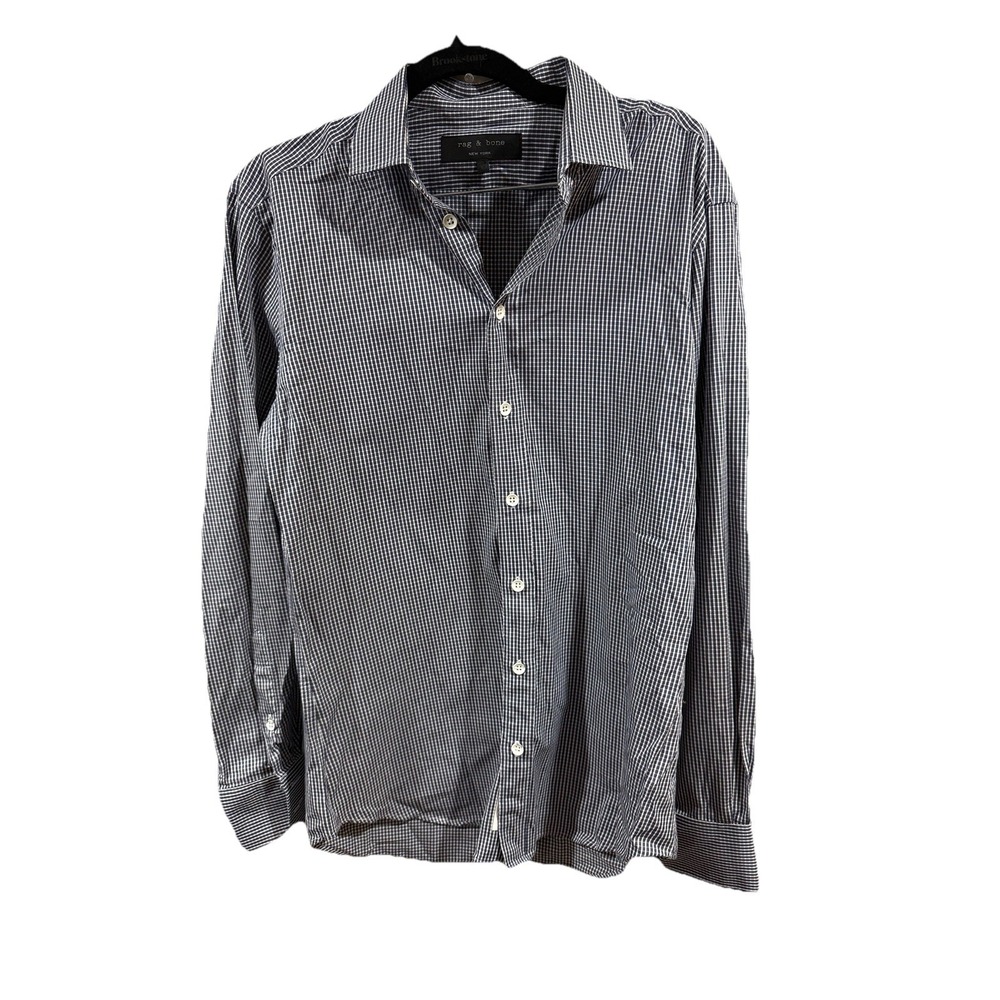 Rag & Bone Shirt Mens 15 Blue White Plaid Check Long Sleeve Button Up Cotton